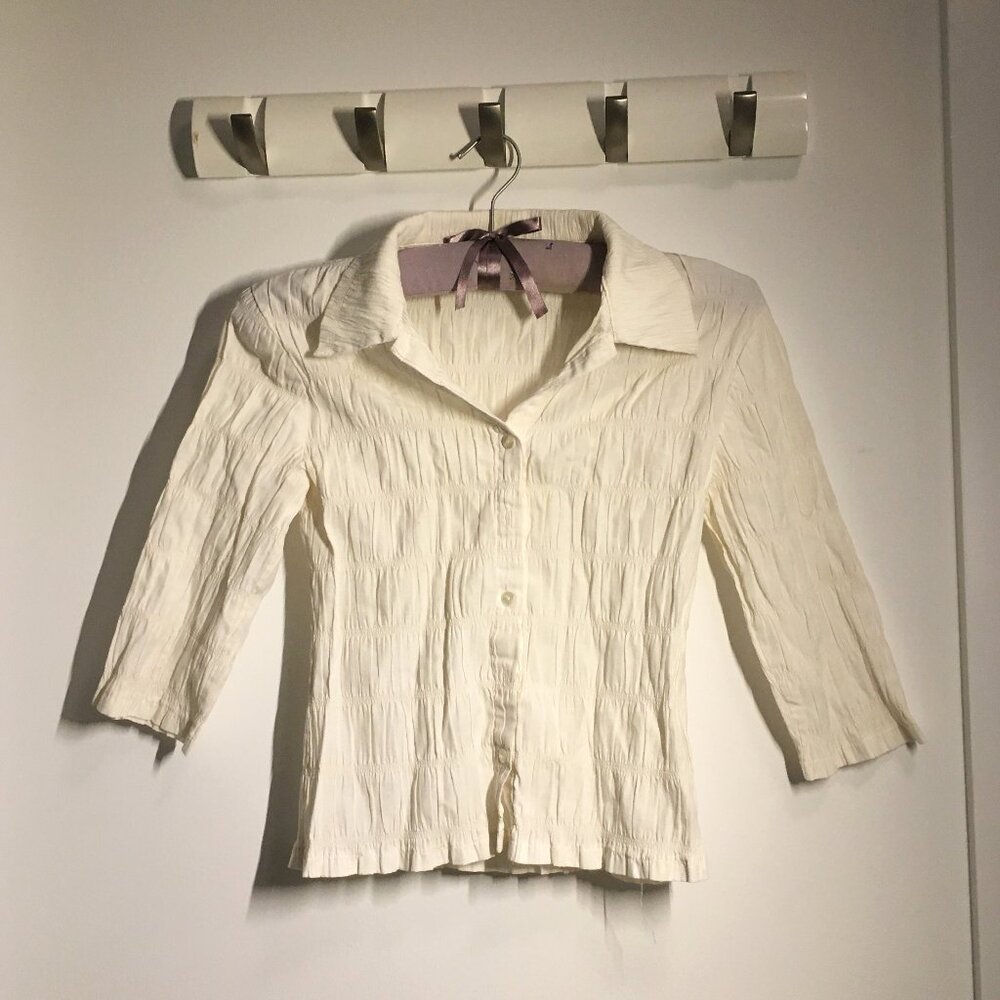 White Orsay ruffled shirt, size small